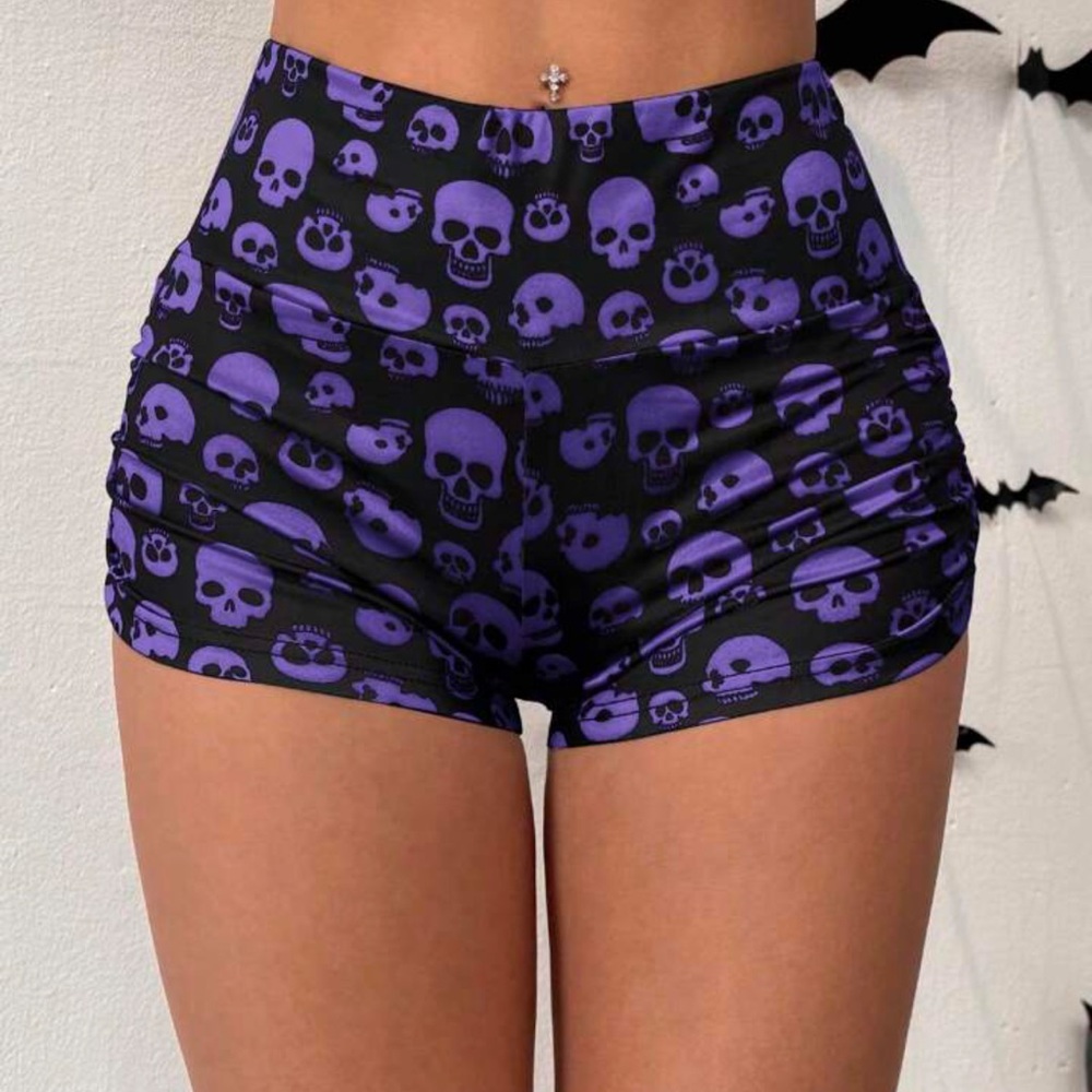 Shein Purple and Black Skull Cinched Shorts Size Small